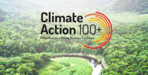 Illustration with a nature background behind the climate action 100 logo.